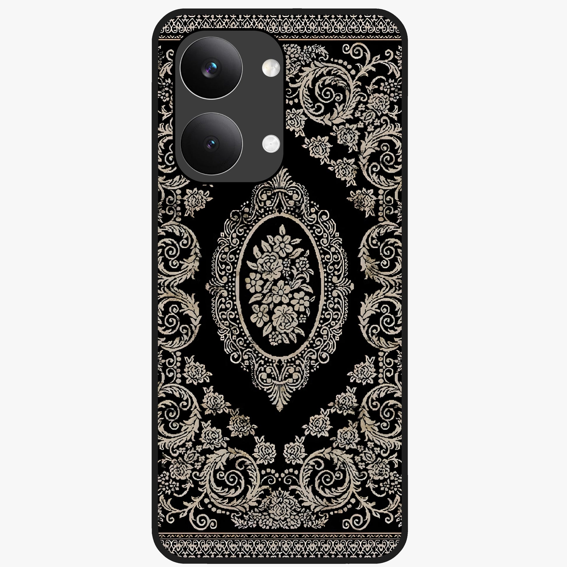 Noir Bloom Elegance Glass Case showing flat back view with elegant dark floral artwork and glossy glass finish.