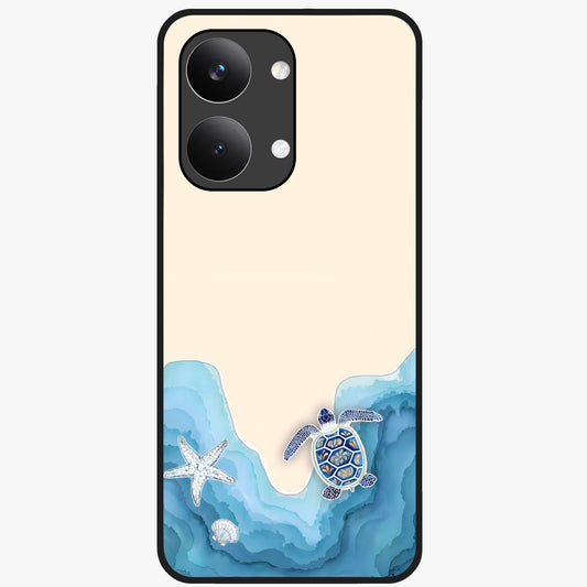 Ocean Drift Turtle Glass Case showing flat back view with sea turtle artwork and glossy glass finish.