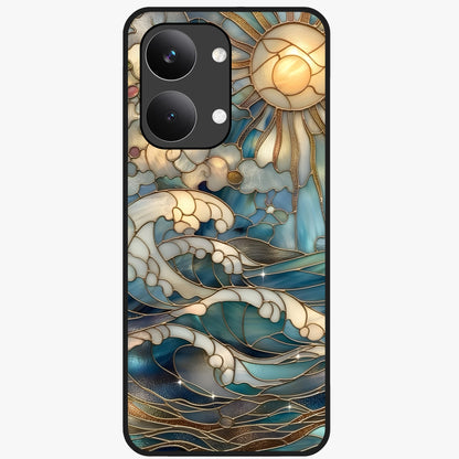 Oceanic Stained Printed Glass Case showing flat back view with ocean inspired stained pattern artwork and glossy glass finish.