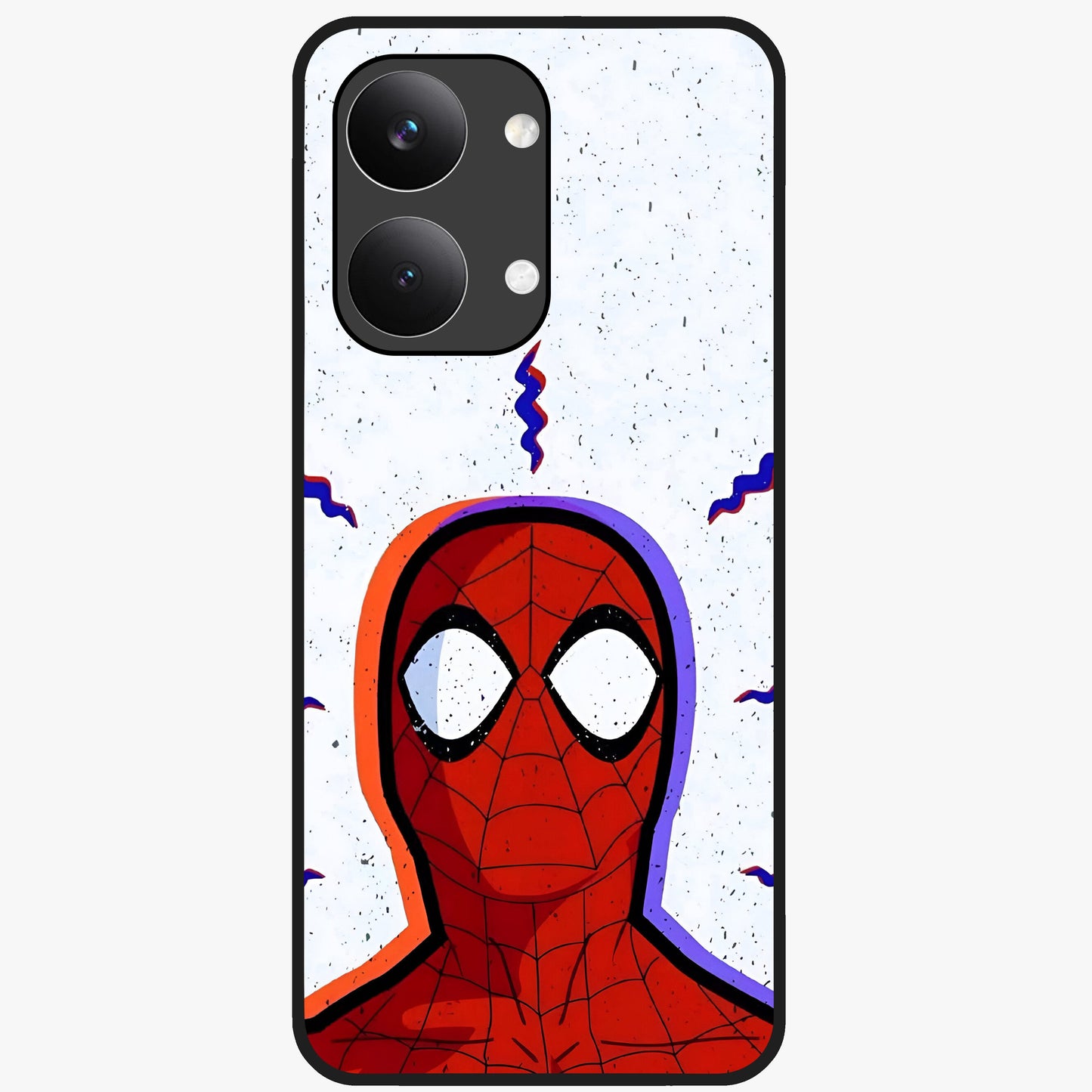 Omg Spiderman Glass Case showing flat back view with bold superhero inspired artwork and glossy glass finish.