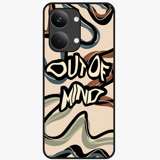 Out Of Mind Glass Case showing flat back view with expressive typography artwork and glossy glass finish.