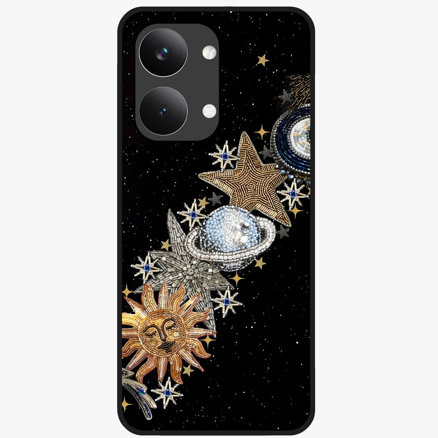 Pearls Universe Object Glass Case showing flat back view with pearl inspired cosmic artwork and glossy glass finish.