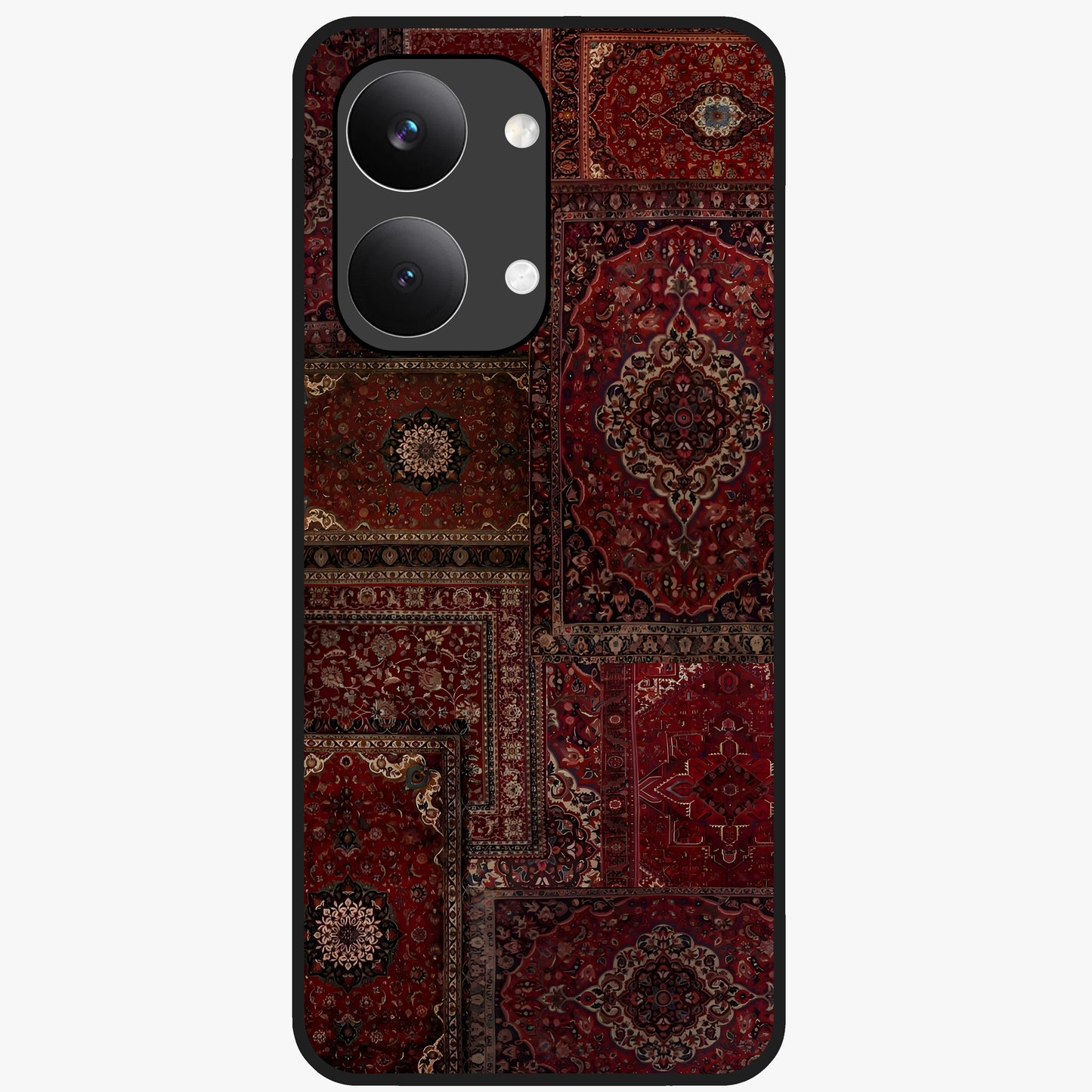 Persian Velvet Tale Glass Case showing flat back view with luxurious Persian velvet pattern artwork and glossy glass finish.