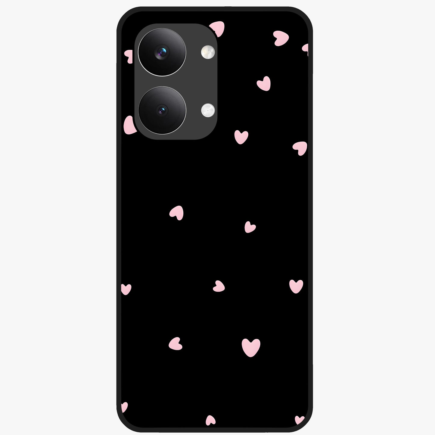 Pink Love Drops Glass Case showing flat back view with playful pink heart drops artwork and glossy glass finish.