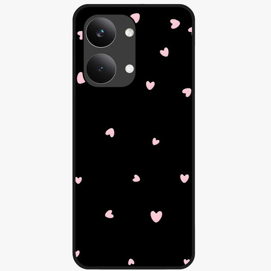 Pink Love Drops Glass Case showing flat back view with playful pink heart drops artwork and glossy glass finish.