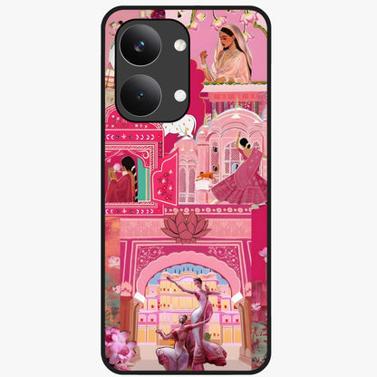 Pink Palace Muse Glass Case showing flat back view with elegant palace inspired artwork and glossy glass finish.