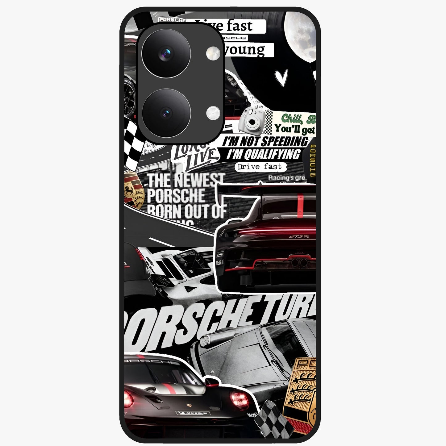 Porsche Racing Collage Glass Case showing flat back view with sports car racing collage artwork and glossy glass finish.
