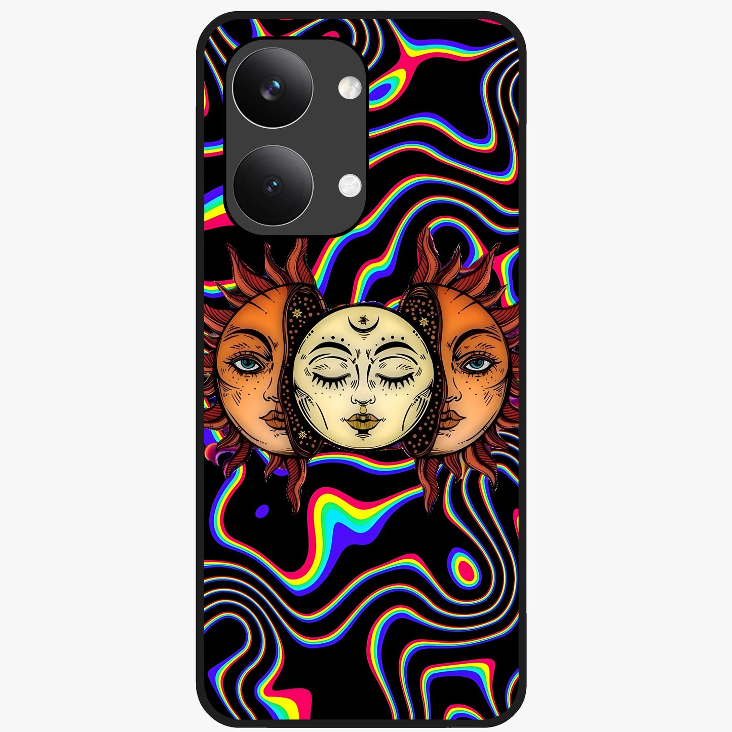 Psychedelic Sun Glass Case showing flat back view with colorful psychedelic sun artwork and glossy glass finish.