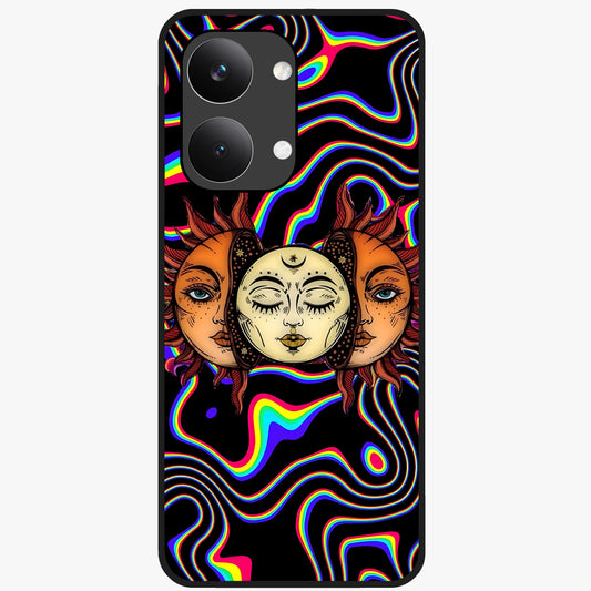 Psychedelic Sun Glass Case showing flat back view with colorful psychedelic sun artwork and glossy glass finish.