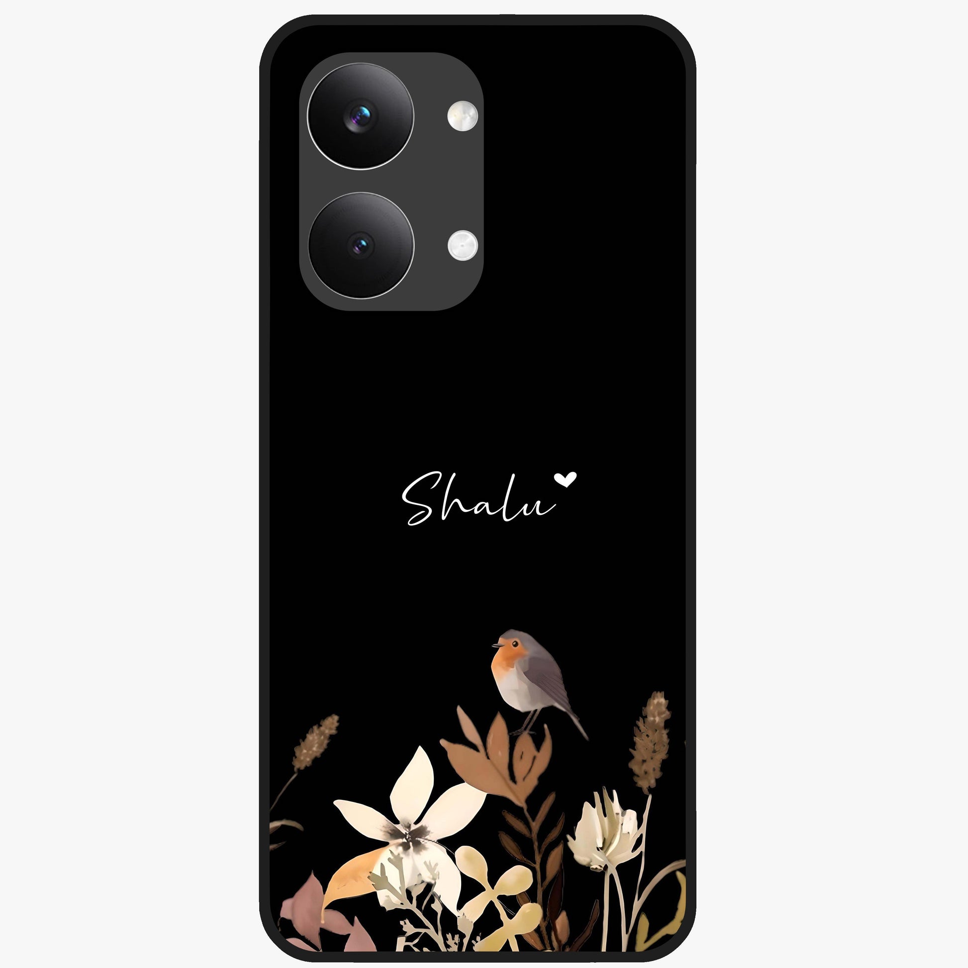 Quiet Garden Tune Custom Name Glass Case showing flat back view with peaceful garden artwork and personalized name design.