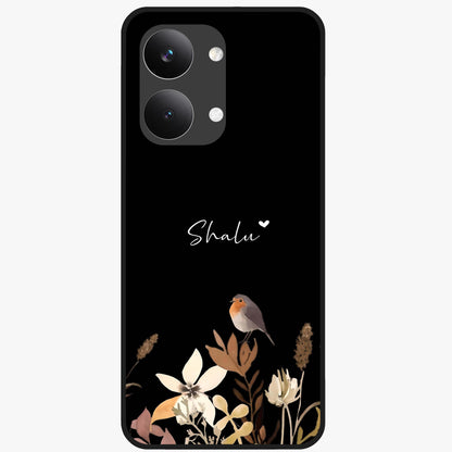 Quiet Garden Tune Custom Name Glass Case showing flat back view with peaceful garden artwork and personalized name design.