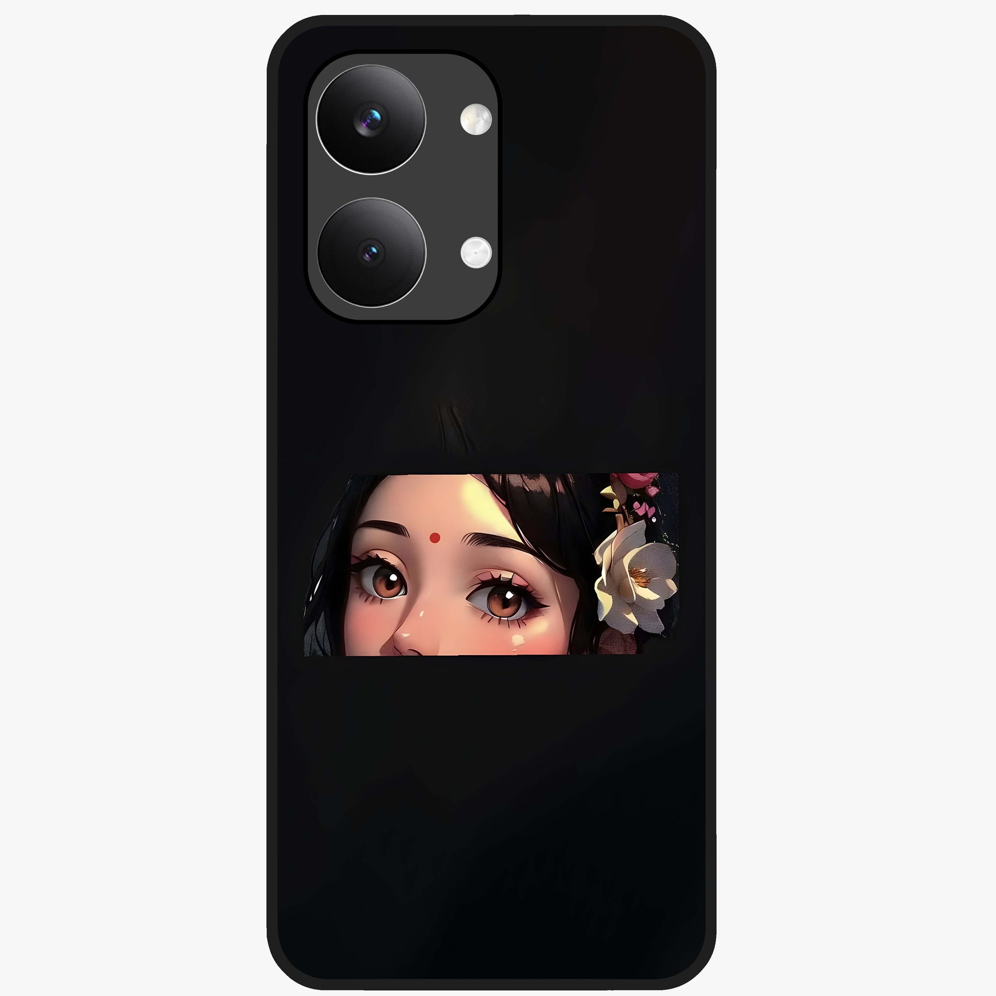 Radha Divine Embrace Glass Case showing flat back view with devotional Radha artwork and glossy glass finish.