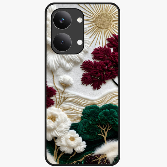 Radiant Bloom Elegance Glass Case showing flat back view with elegant blooming flower artwork and glossy glass finish.