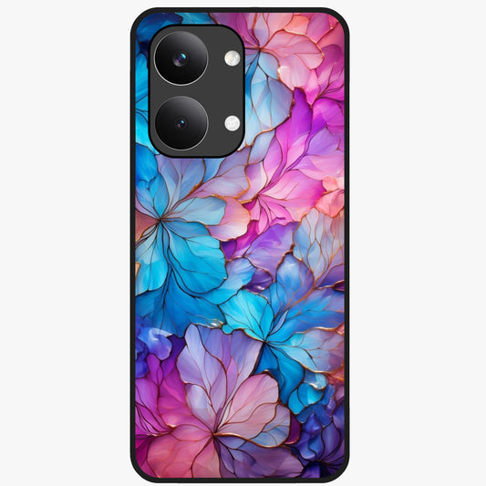 Radiant Floral Whirl Glass Case showing flat back view with swirling floral artwork and glossy glass finish.