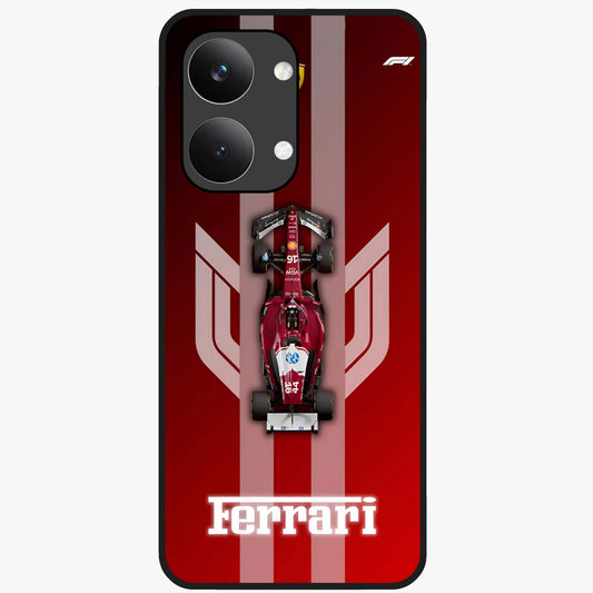 Red Ferrari F1 Vertical Glass Case showing flat back view with sleek Formula racing car artwork and glossy glass finish.