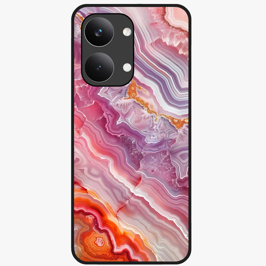 Rose Quartz Marble Glass Case showing flat back view with pink marble quartz texture artwork and glossy glass finish.