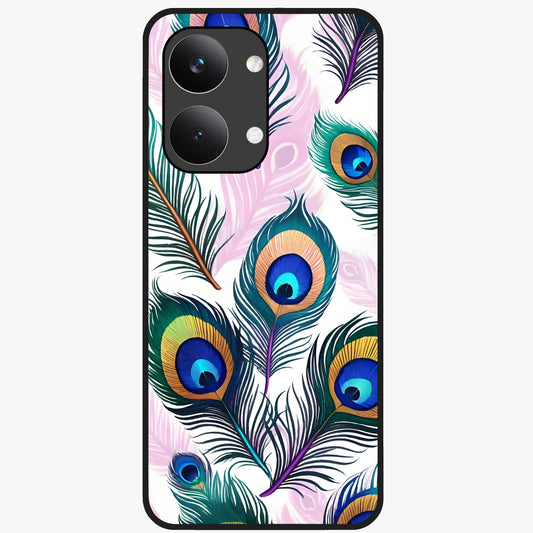 Royal Peacock Feathers Glass Case showing flat back view with colorful peacock feather artwork and glossy glass finish.