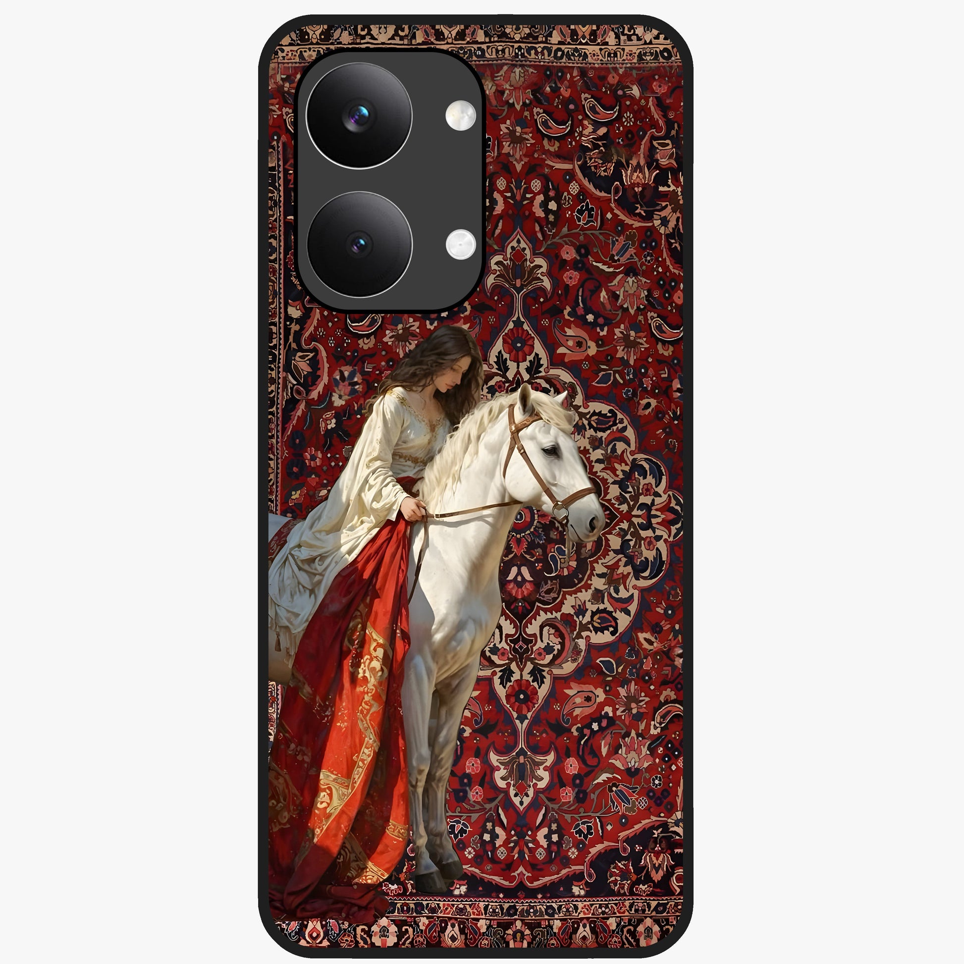 Royal Rider Tapestry Glass Case showing flat back view with majestic horse rider tapestry artwork and glossy glass finish.