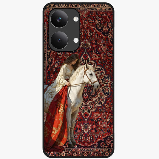 Royal Rider Tapestry Glass Case showing flat back view with majestic horse rider tapestry artwork and glossy glass finish.