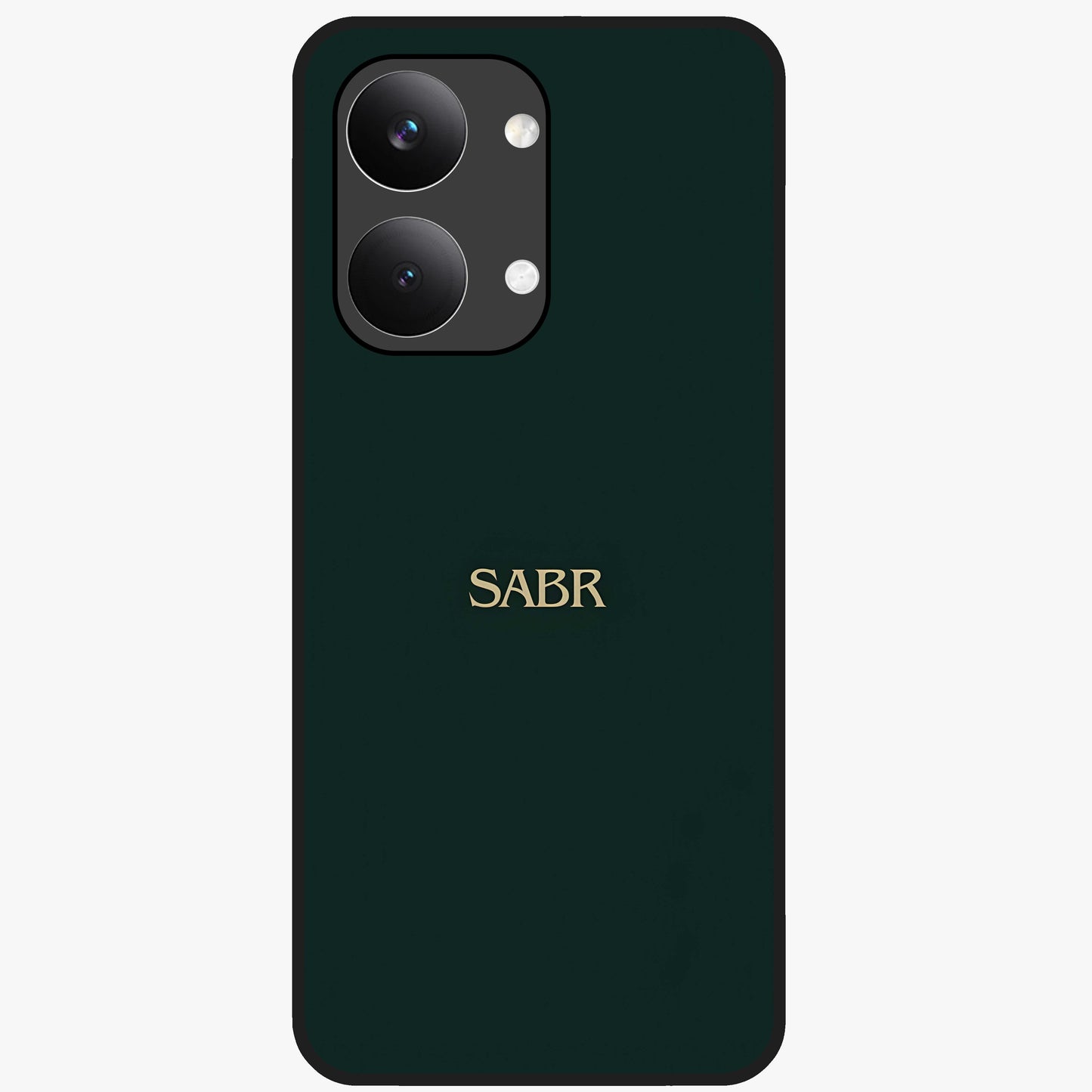 Sabr Minimal Patience Glass Case showing flat back view with minimalist typography artwork and glossy glass finish.