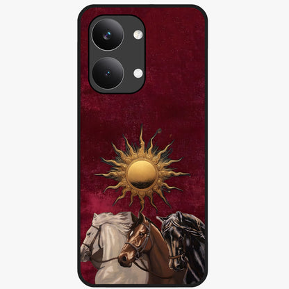 Solar Riders Glass Case showing flat back view with dynamic rider themed artwork and glossy glass finish.