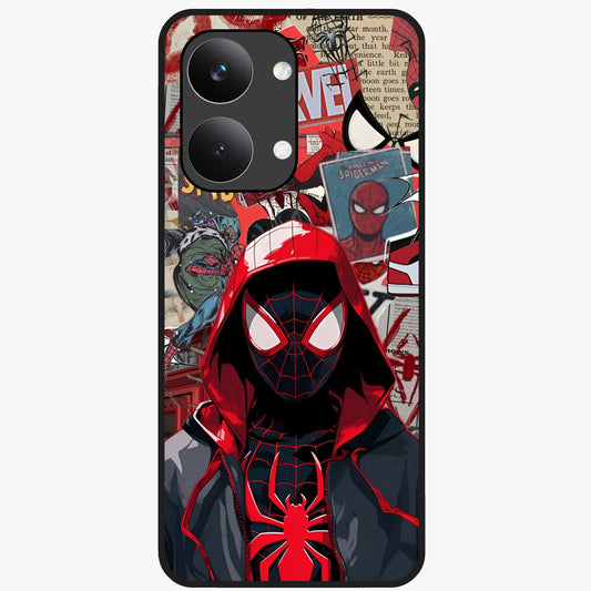 Spider Collage Street Glass Case showing flat back view with vibrant superhero collage artwork and glossy glass finish.
