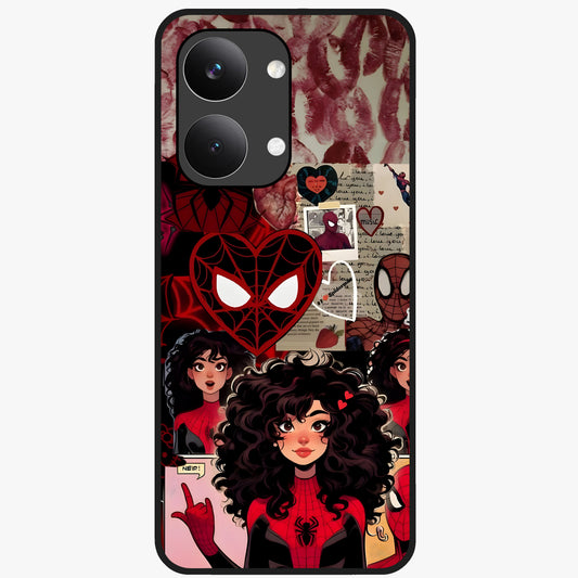 Spider Love Story Glass Case showing flat back view with romantic superhero themed artwork and glossy glass finish.