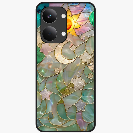 Stained Sunrise Glow Glass Case showing flat back view with glowing sunrise stained pattern artwork and glossy glass finish.