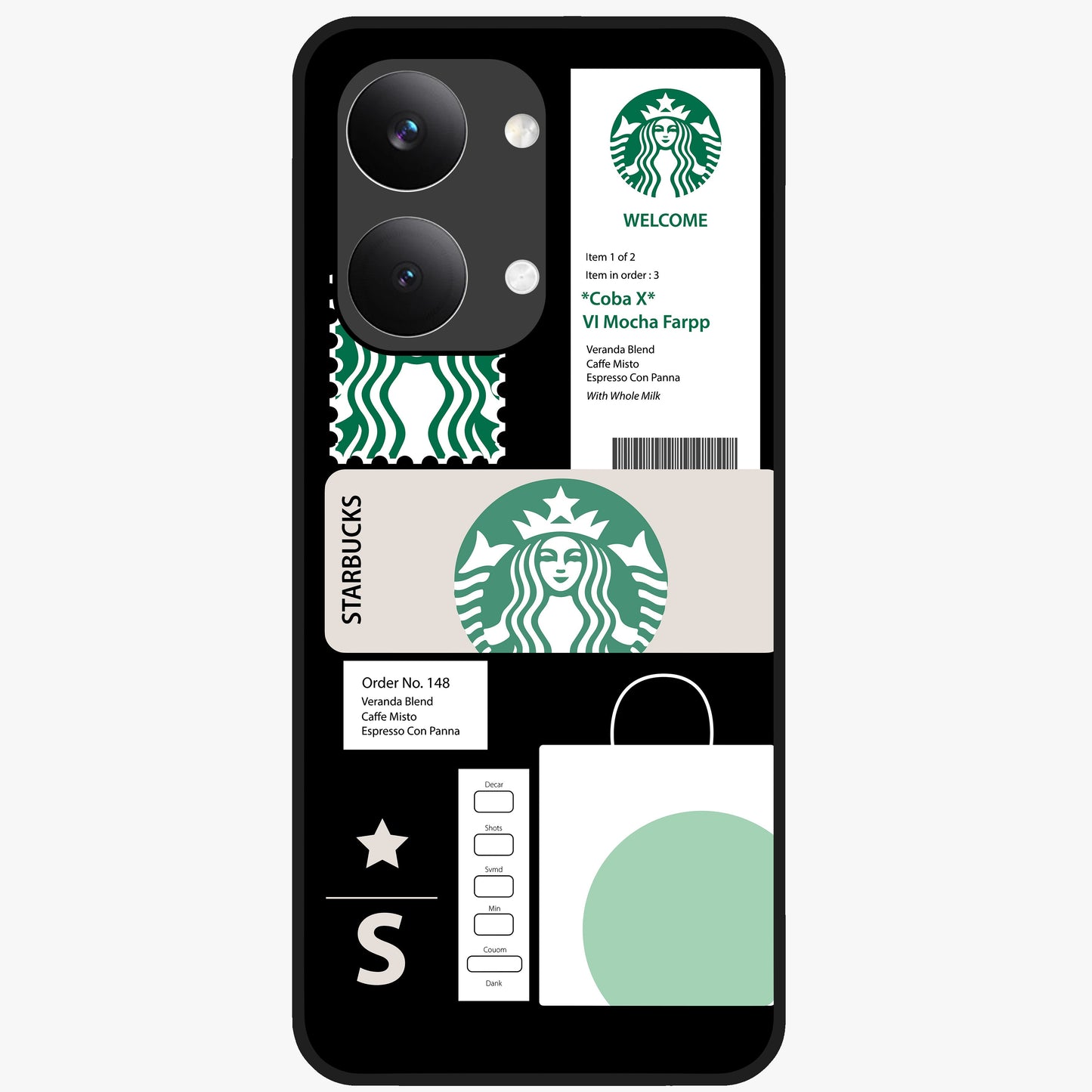 Starbucks Mocha Glass Case showing flat back view with coffee inspired artwork and glossy glass finish.