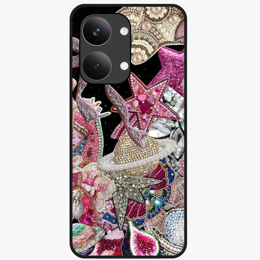 Starlit Jewel Dream Glass Case showing flat back view with sparkling jewel and star themed artwork and glossy glass finish.