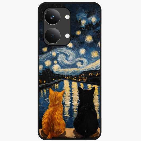 Starry River Cats Glass Case showing flat back view with cats by a starry river artwork and glossy glass finish.