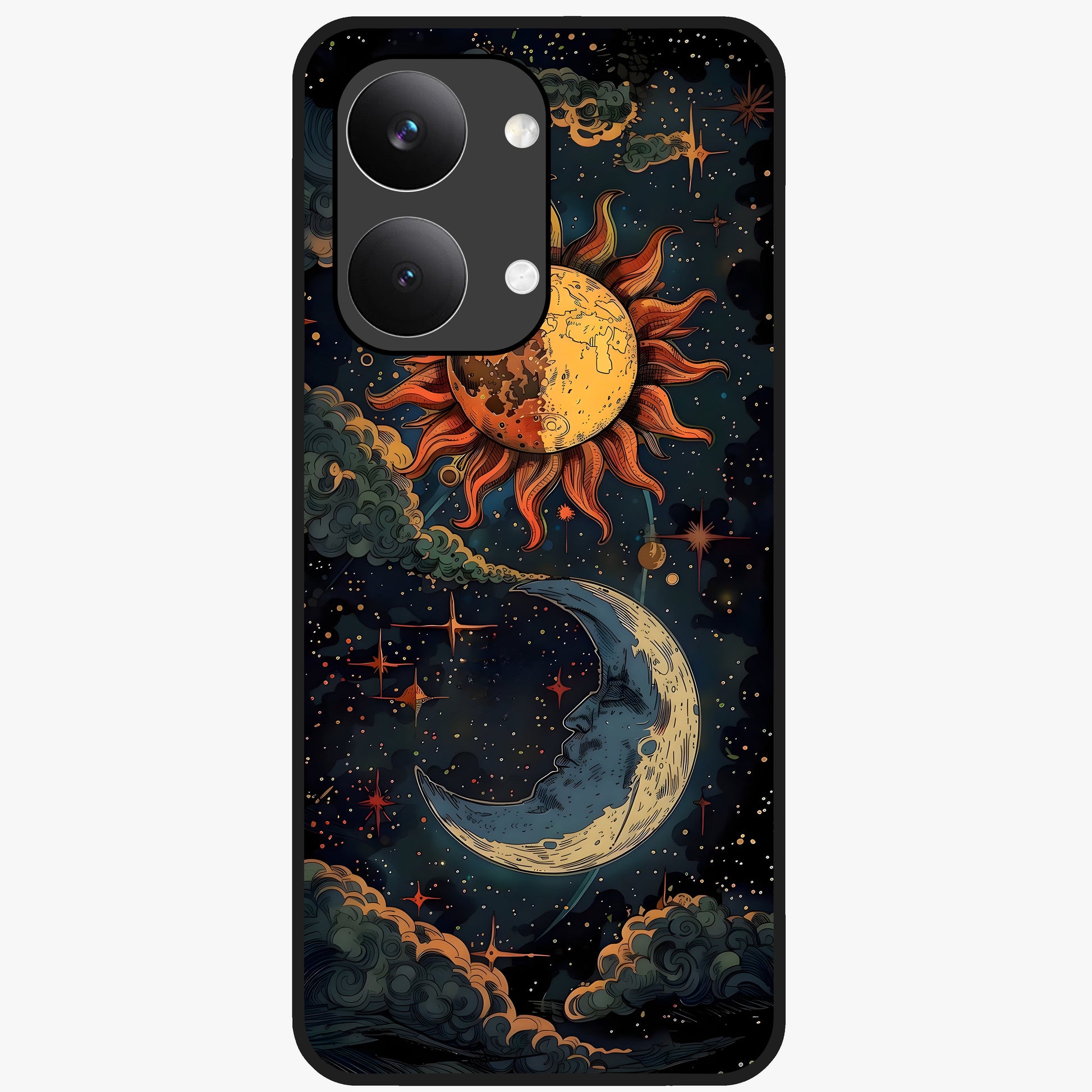Sun And Moon Magic Design Glass Case showing flat back view with mystical sun and moon artwork and glossy glass finish.
