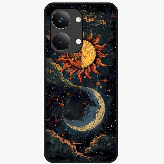 Sun And Moon Magic Design Glass Case showing flat back view with mystical sun and moon artwork and glossy glass finish.