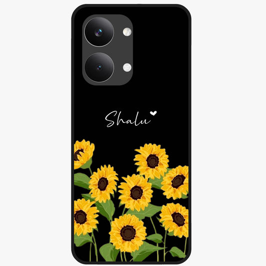 Sunflower Chic Mood Custom Name Glass Case showing flat back view with stylish sunflower artwork and personalized name design.