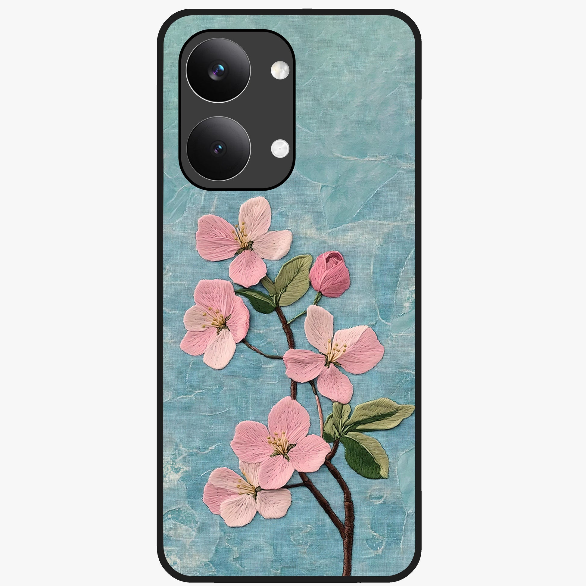 Threaded Blossom Breeze Glass Case showing flat back view with delicate blossom artwork and glossy glass finish.