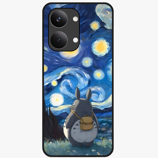 Totoro In Van Gogh Art Glass Case showing flat back view with whimsical character artwork inspired by Van Gogh style and glossy glass finish.