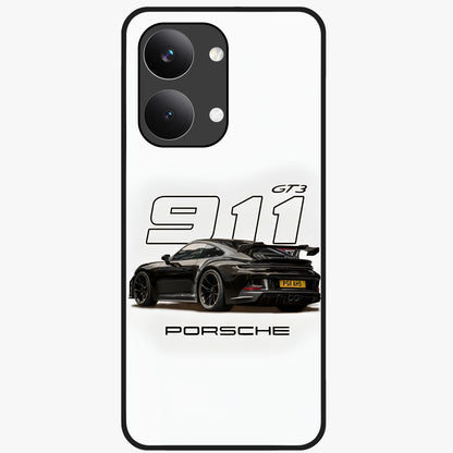 Turbo Legacy Icon Glass Case showing flat back view with iconic sports car inspired artwork and glossy glass finish.