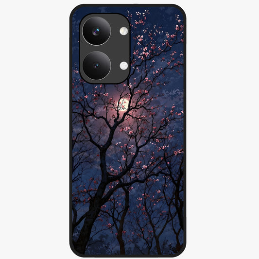 Twilight Sakura Serenade Glass Case showing flat back view with cherry blossom artwork at twilight and glossy glass finish.