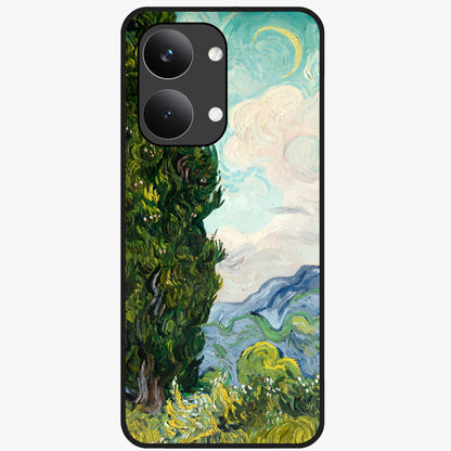 Van Gogh Vintage Art Glass Case showing flat back view with vintage painterly artwork inspired by Van Gogh style and glossy glass finish.