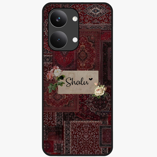 Velvet Wine Pattern Custom Name Glass Case showing flat back view with elegant wine colored pattern artwork and personalized name design.