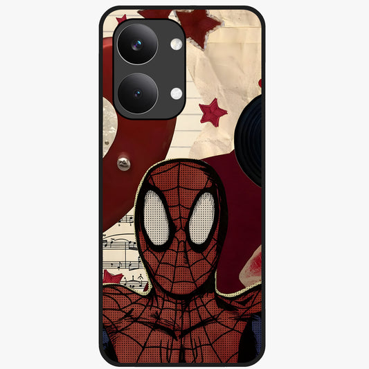 Web Warrior Vibes Glass Case showing flat back view with superhero inspired web themed artwork and glossy glass finish.