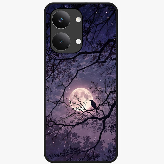 Whispering Moon Silence Glass Case showing flat back view with serene moon themed artwork and glossy glass finish.