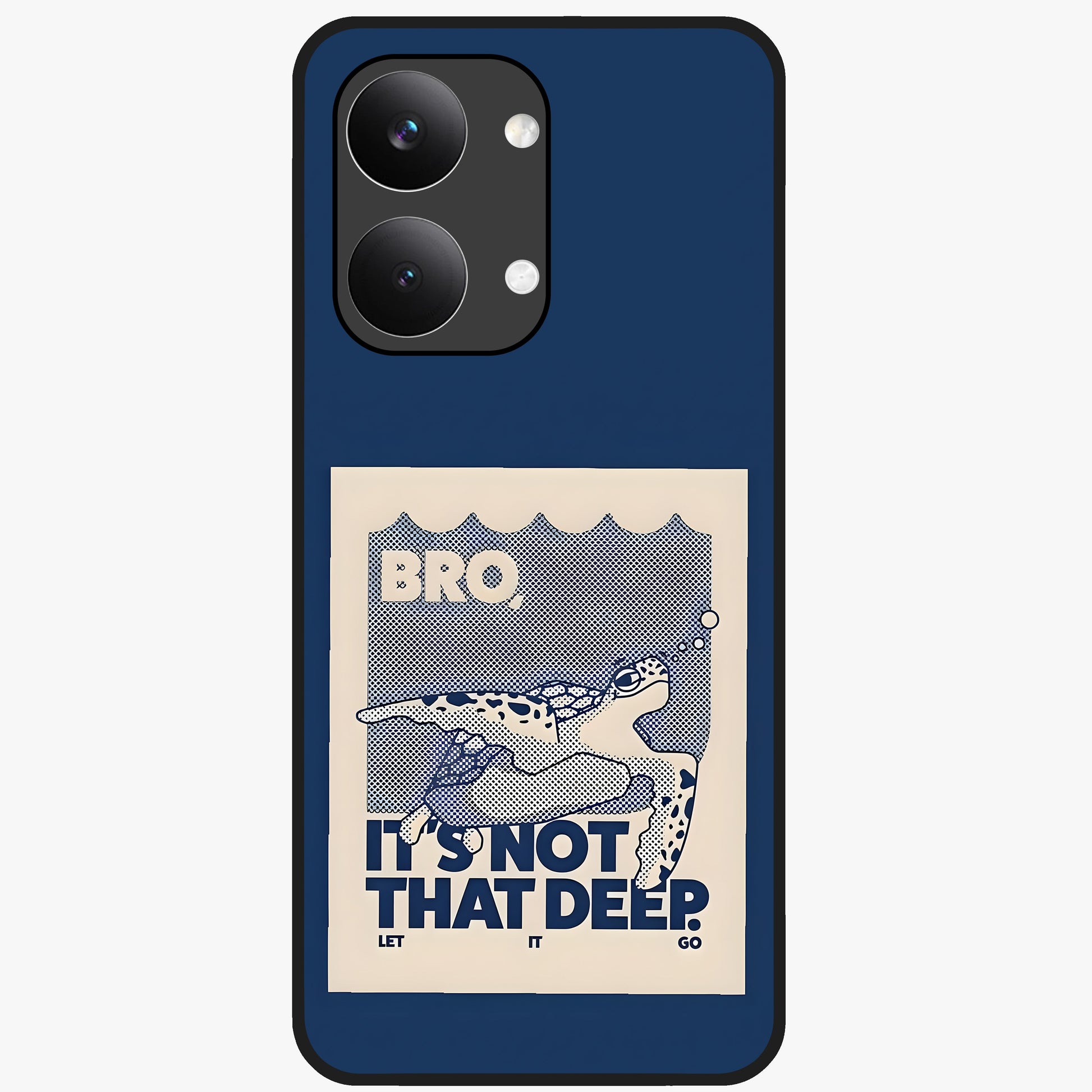Worry Less Swim Glass Case showing flat back view with playful motivational artwork and glossy glass finish.