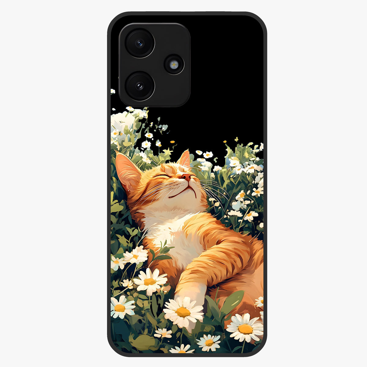 Blissful Bloom Cat Glass Case showing flat back view with cute cat and floral bloom artwork and glossy glass finish.