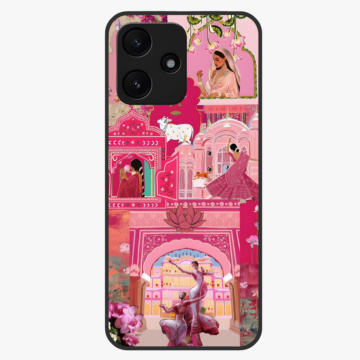 Blossoms of Rajasthan Glass Case showing flat back view with traditional floral artwork inspired by Rajasthan and glossy glass finish.