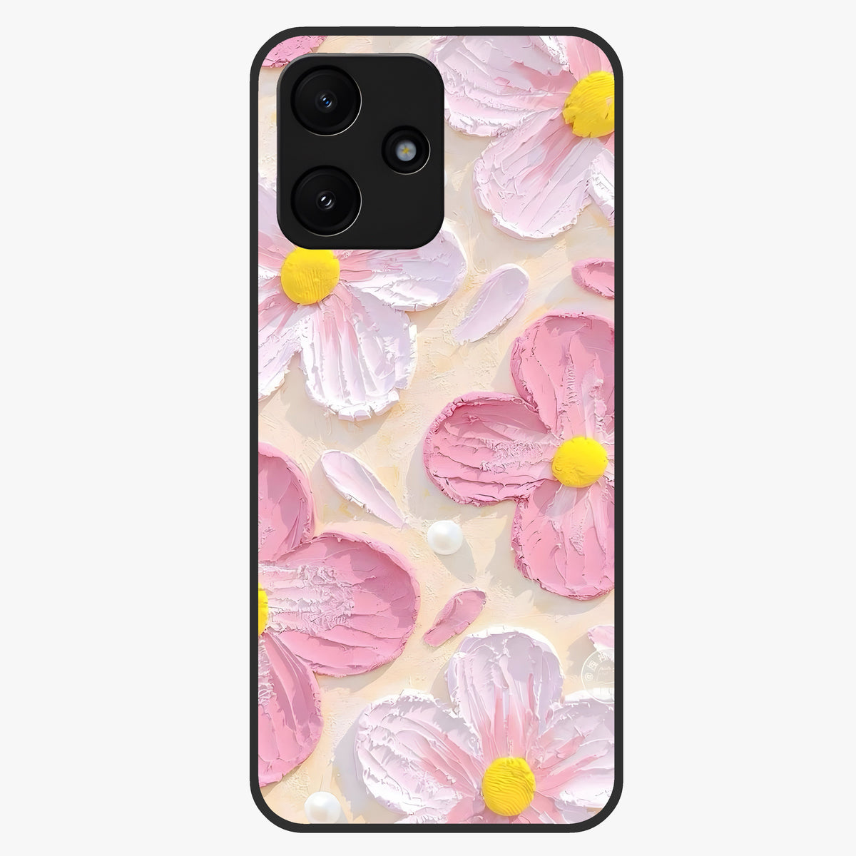 Blush Bloom Texture Glass Case showing flat back view with soft blush floral texture artwork and glossy glass finish.