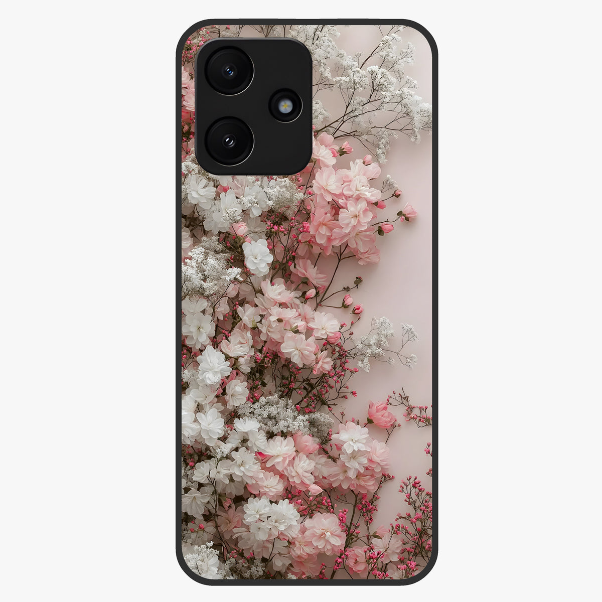 Blush Blossom Cloud Glass Case showing flat back view with dreamy blush cloud blossom artwork and glossy glass finish.