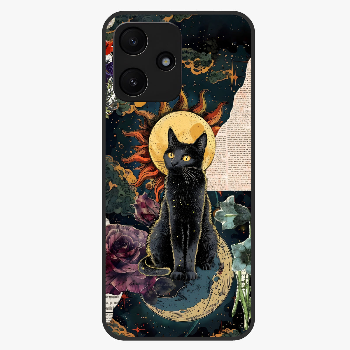 Celestial Black Cat Glass Case showing flat back view with mystical black cat artwork and glossy glass finish.