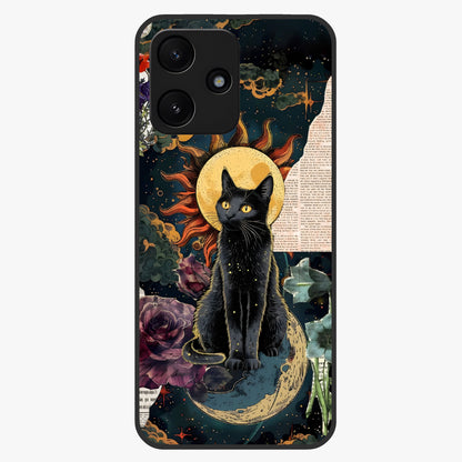 Celestial Black Cat Glass Case showing flat back view with mystical black cat artwork and glossy glass finish.