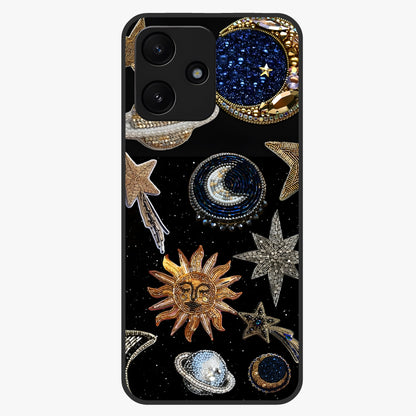 Celestial Gem Constellations Glass Case showing flat back view with sparkling constellation artwork and glossy glass finish.